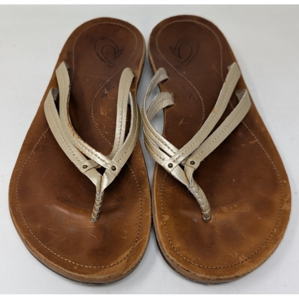 Olukai U'I Sandals Women's Size 9 Leather Double Strap Metallic Gold Thong 20245